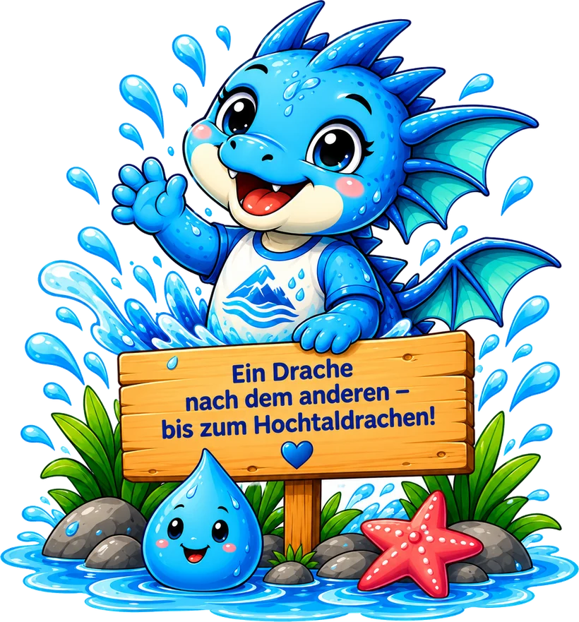 Kleiner blauer Drache mit einem Holzschild: „Ein Drache nach dem anderen – bis zum Hochtaldrachen!“