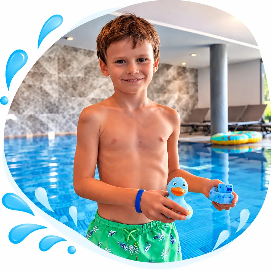 Junge im Hallenbad mit einer Badeente in der Hand